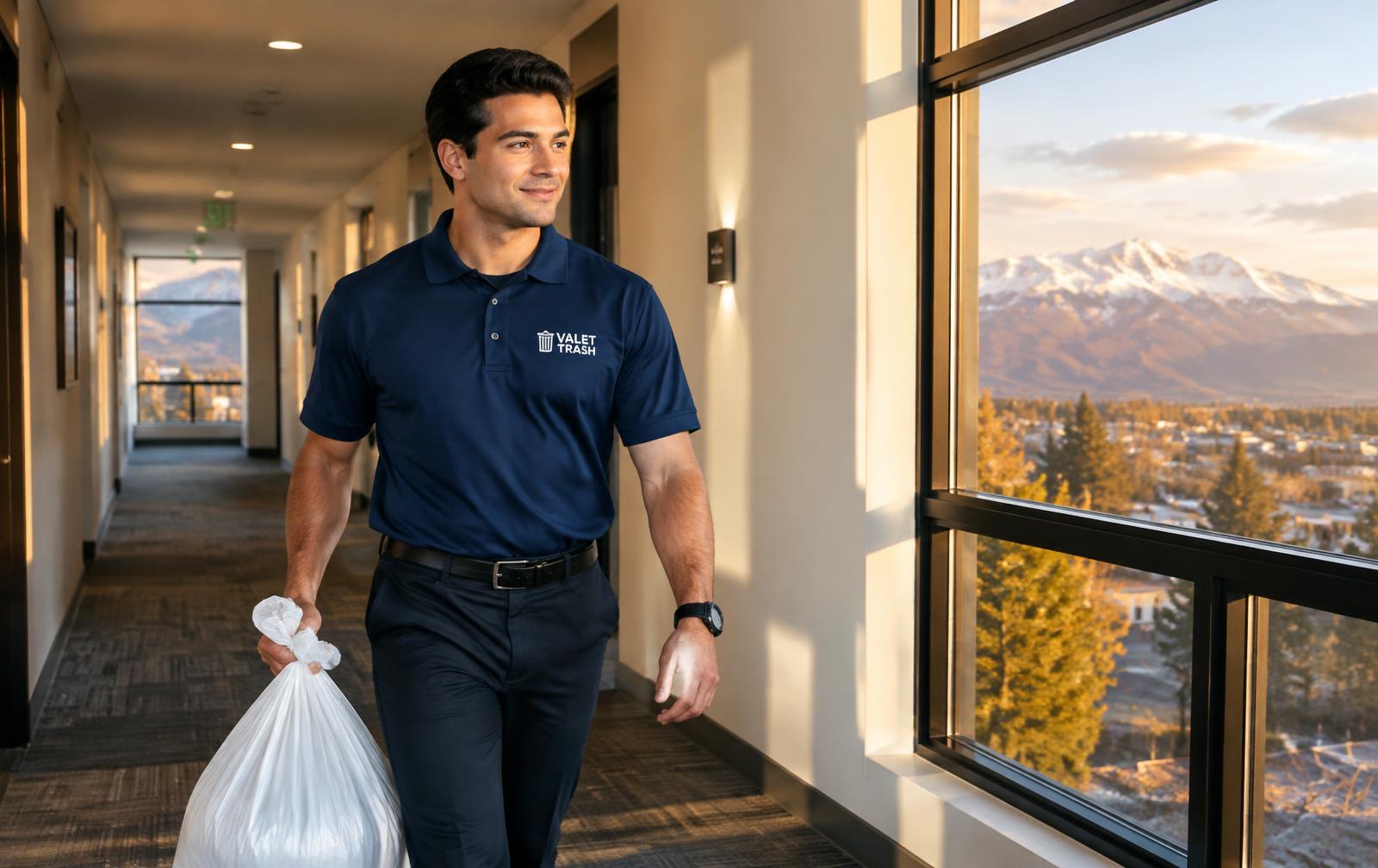 Valet Trash Services attendant collecting trash in an apartment hallway